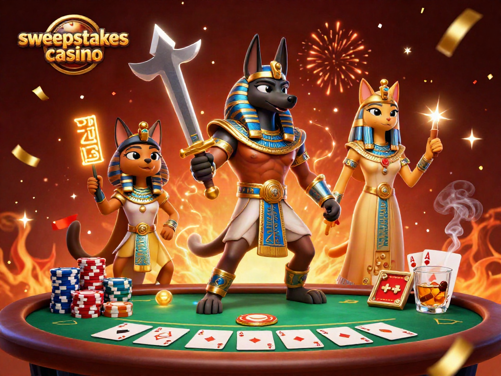 Experience the excitement of a sweepstakes casino with Anubis and Bastet amidst poker action.