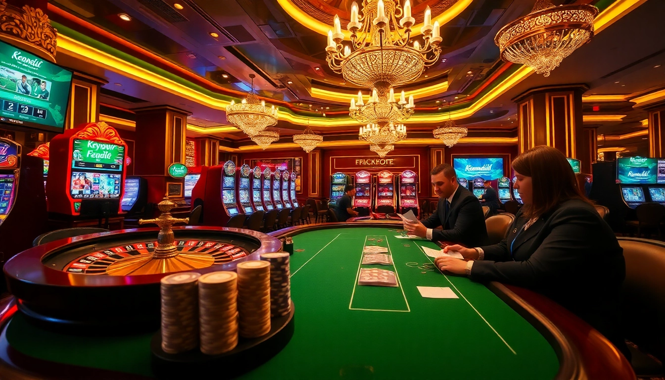 Exciting gambling scene with professional poker gameplay and digital displays of keonhacai.deal.