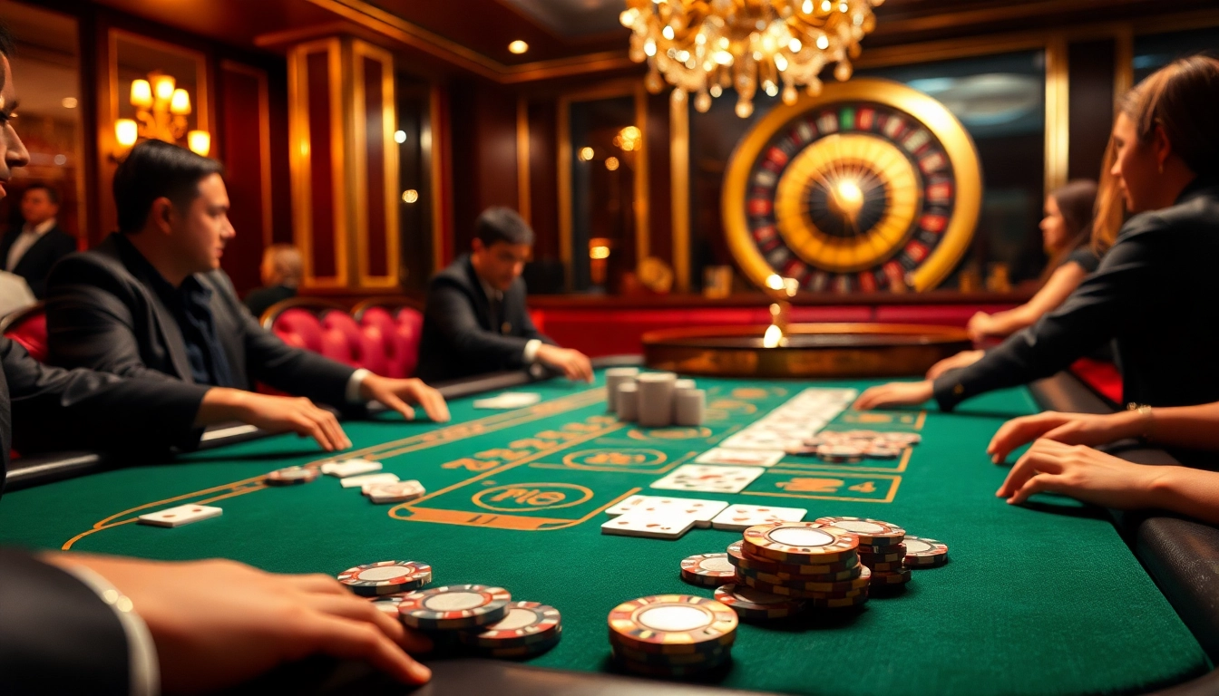 Players strategize with poker chips at an upscale casino inspired by https://giaimagiacmo.online/, showcasing high-stakes excitement.