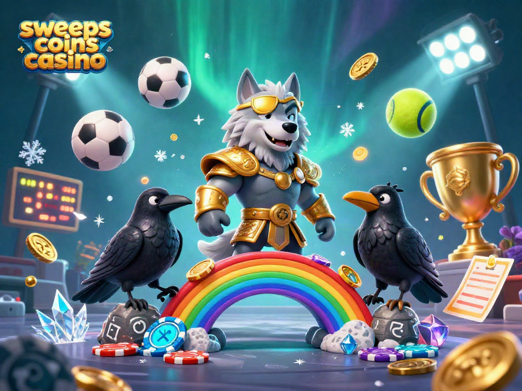 Engaging scene showcasing sweeps coins casino with Odin wolf, ravens, and dynamic sports elements.