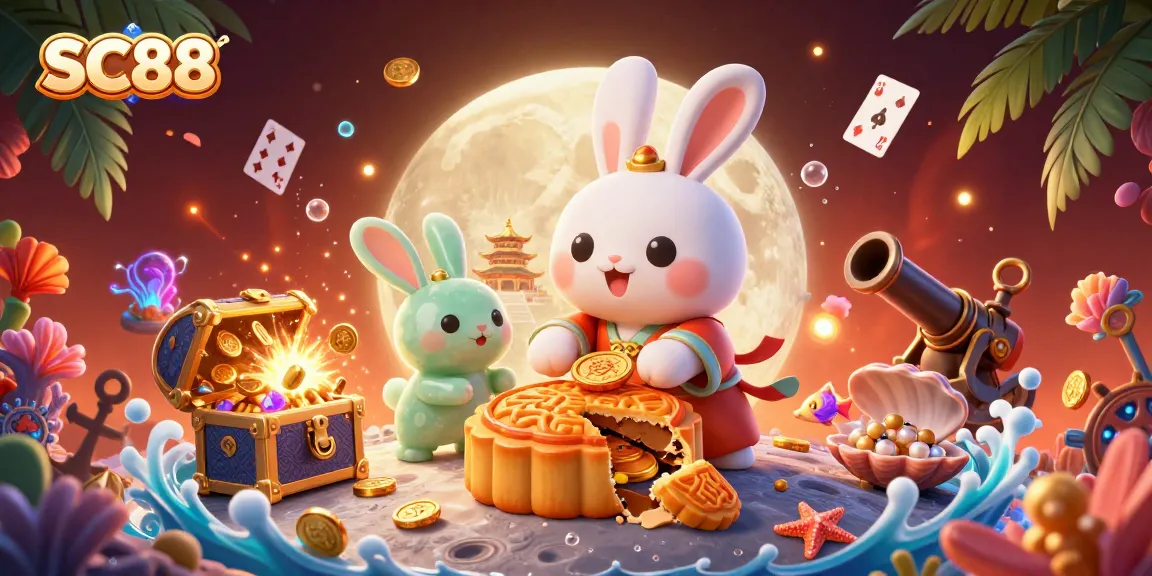 Experience thrilling gaming moments with SC88 as a moon rabbit reveals poker chips from mooncakes.