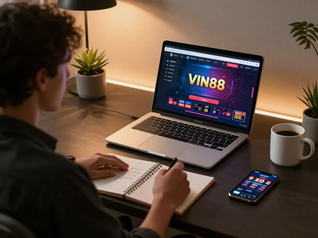 Player engaged with the VIN88 interface, focusing on strategic casino gameplay in a stylish home office setup.