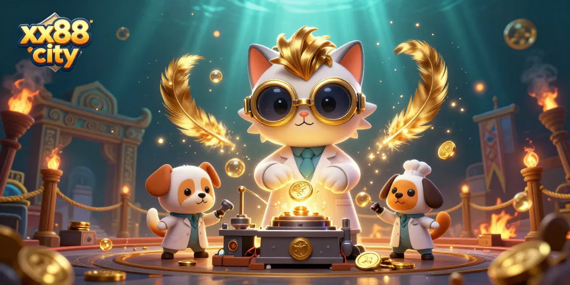 Experience thrilling gameplay at xx88 city with a mad scientist cat in a vibrant casino lab creating gold coins.