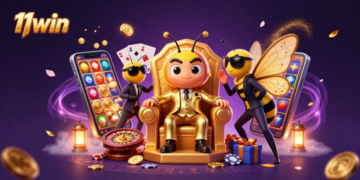 Engage with 11win, where a bumblebee mob boss reigns in a vibrant 3D casino scene.