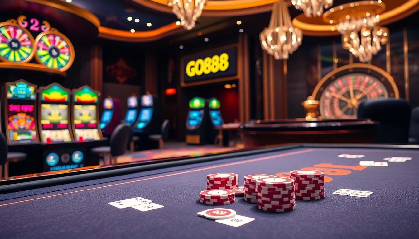 Engaging gaming scene showcasing GO88 with vibrant slot machines and poker tables.