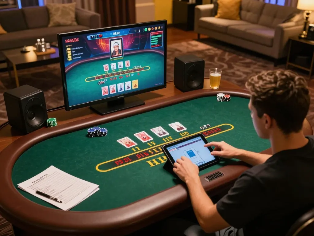 Player using tablet for live dealer blackjack at kp88vip in cozy gaming setup