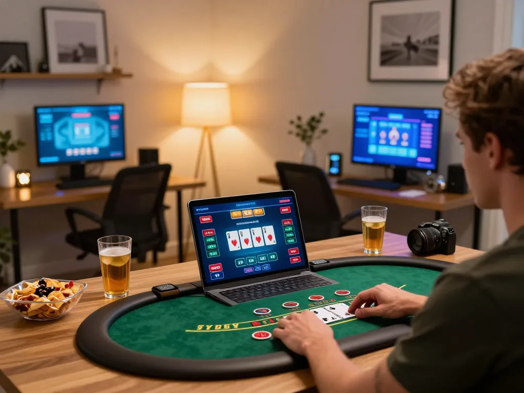 Engaged player using Surebetsg for live dealer blackjack in cozy home office setting.