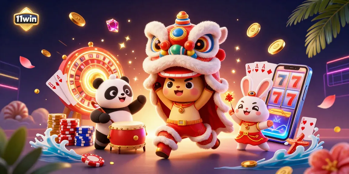 Engage with 11win in this vibrant 3D illustration showcasing festive casino elements and characters.