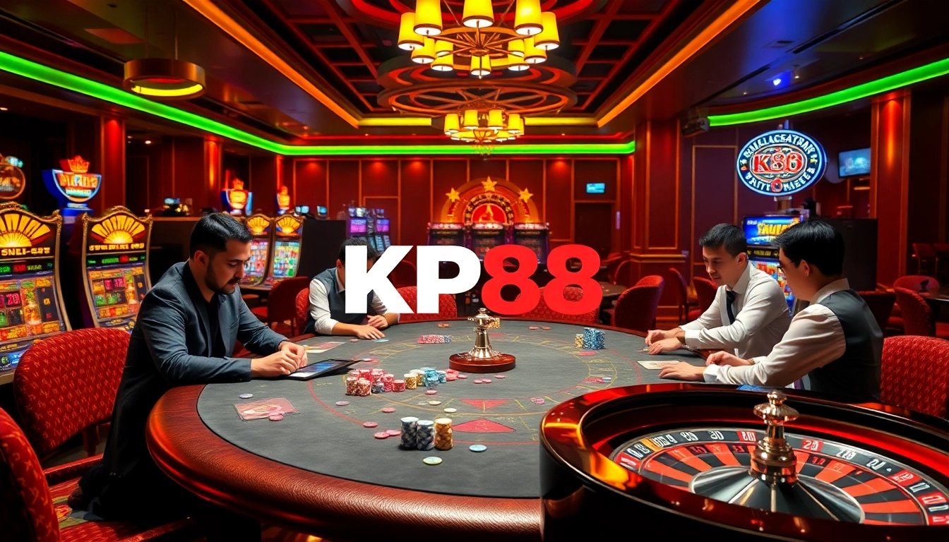 Experience the thrill of KP88 gaming at a high-stakes poker table surrounded by vibrant casino elements.