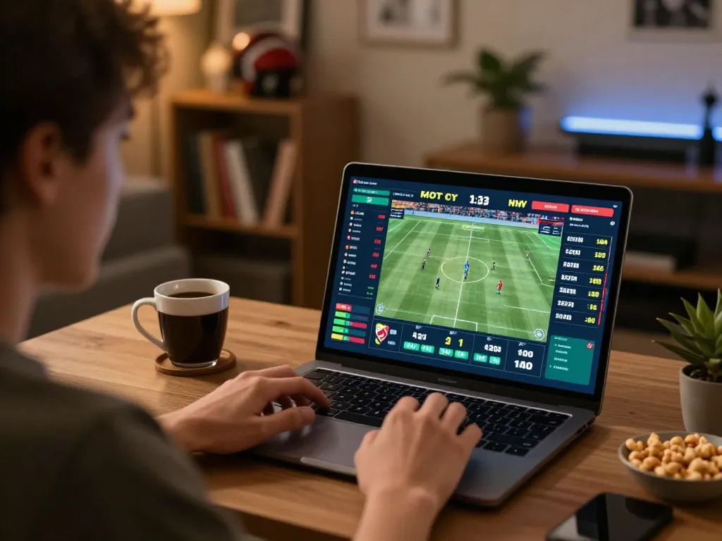 Focused player betting on live sports at home with xx88 interface visible on screen