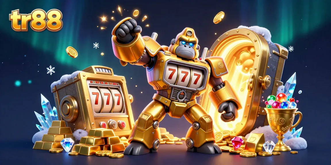 Experience thrilling action with tr88's golden mech and slot machine elements surrounded by treasure.