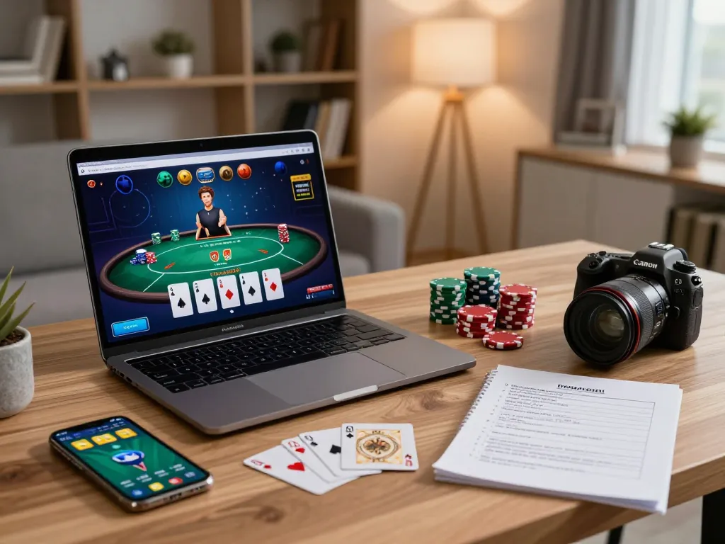 Engaging in online gaming strategy with Go 88 on a laptop, featuring poker interface and bankroll tracking notes.
