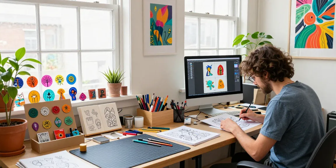 Artist designing custom acrylic pins in a bright studio filled with vibrant colors and creative tools.