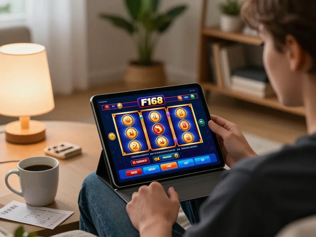 Engaging F168 gambling session on a tablet in a cozy home atmosphere.