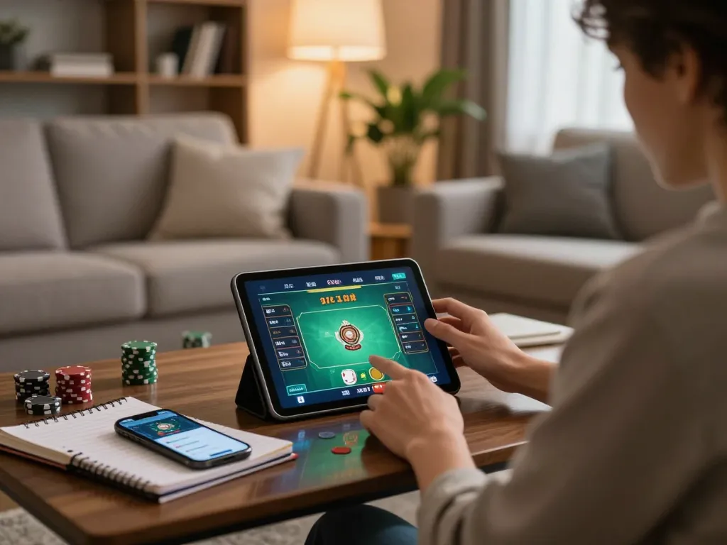 Playing poker online at ww88 with a cozy living room setup and strategy notes.