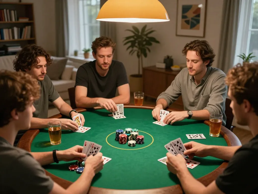 Friends enjoying a poker night at home, highlighting loto188b.asia gaming strategies and social experience.