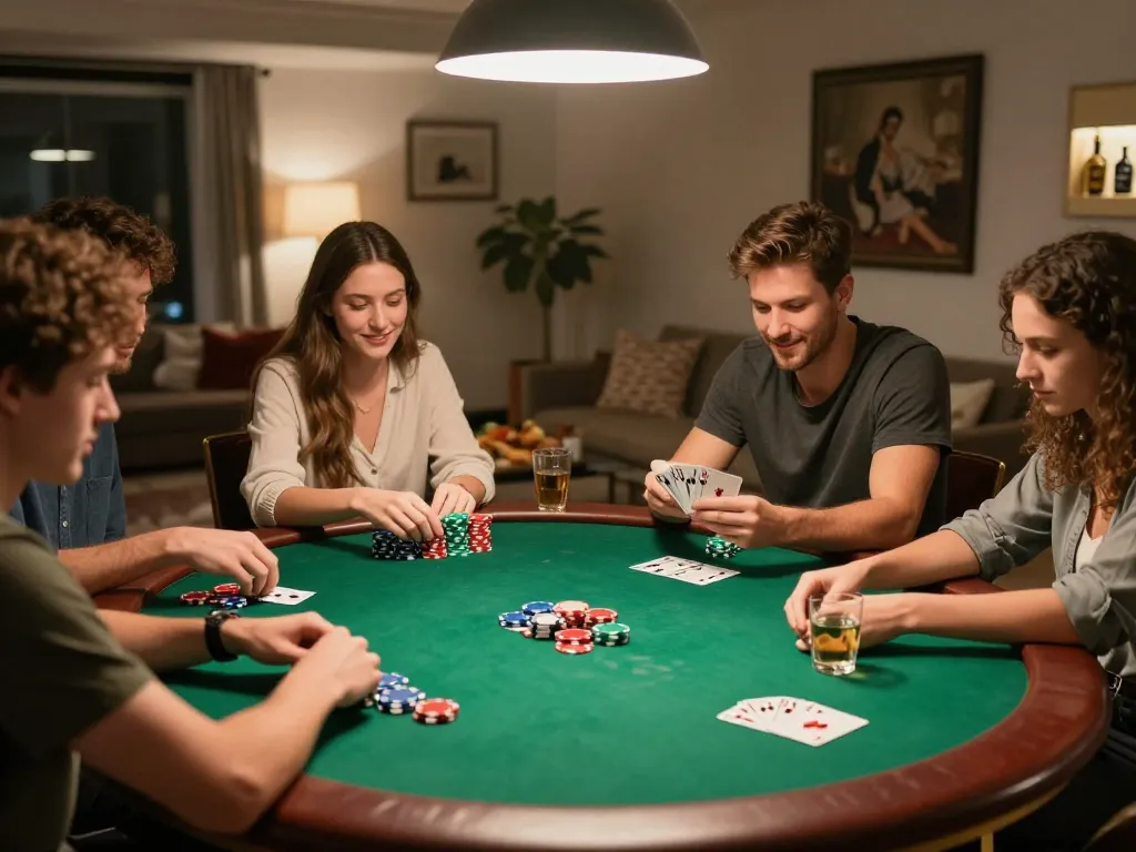 Players enjoying a thrilling poker night at home with vin88 chips and cards