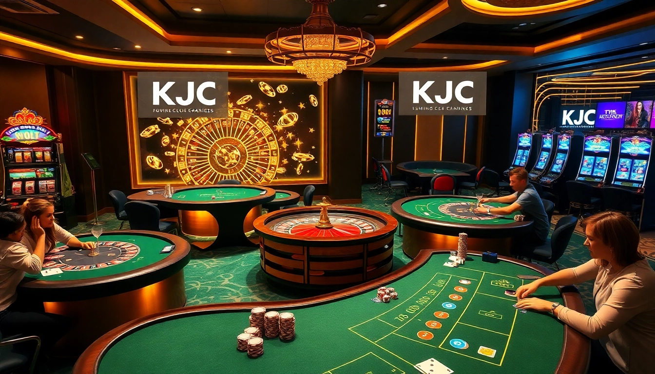 KJC casino scene featuring engaging players at poker tables with vibrant chips and roulette wheel.