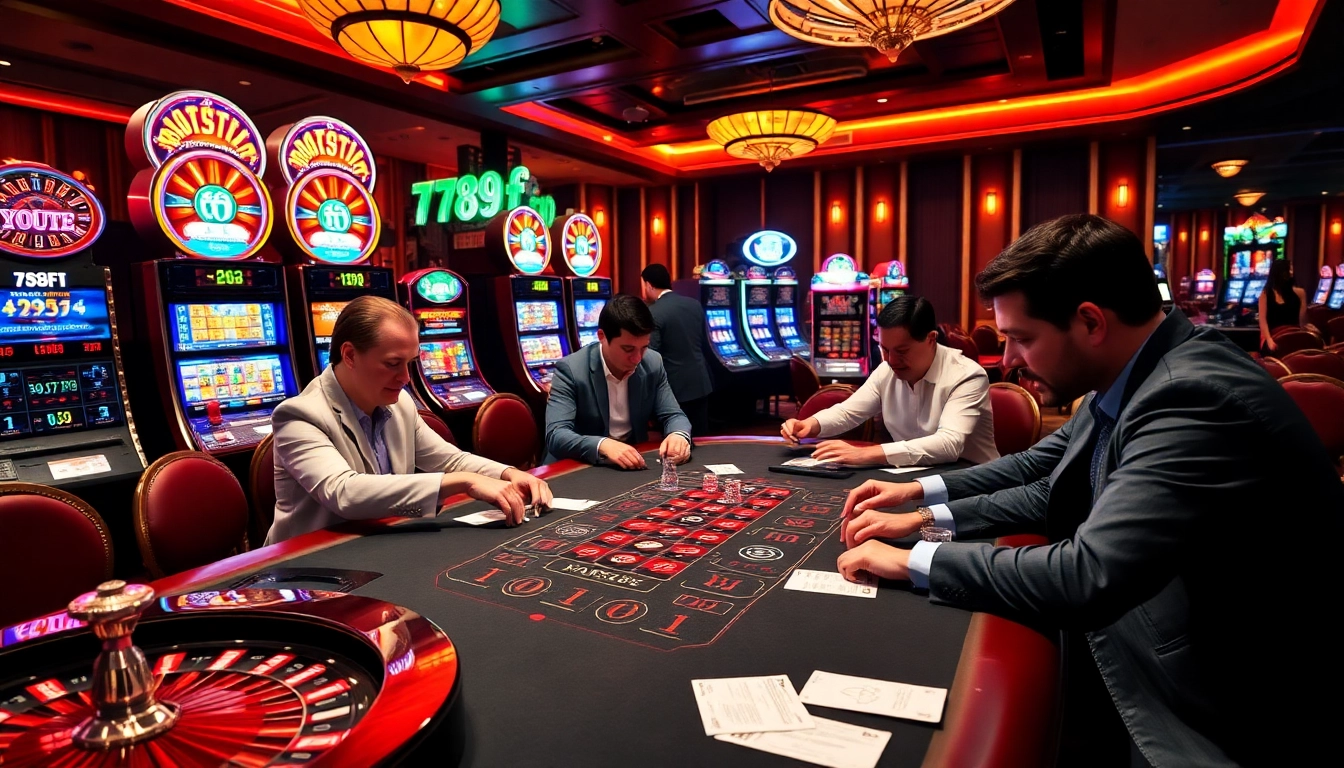 Players strategizing at a 789f poker table in a vibrant casino environment, showcasing excitement.
