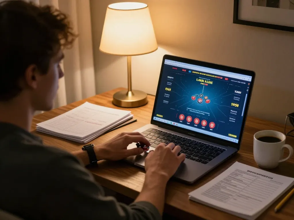 Player strategizing in an 8day online poker game at home, surrounded by notes and warm lighting.
