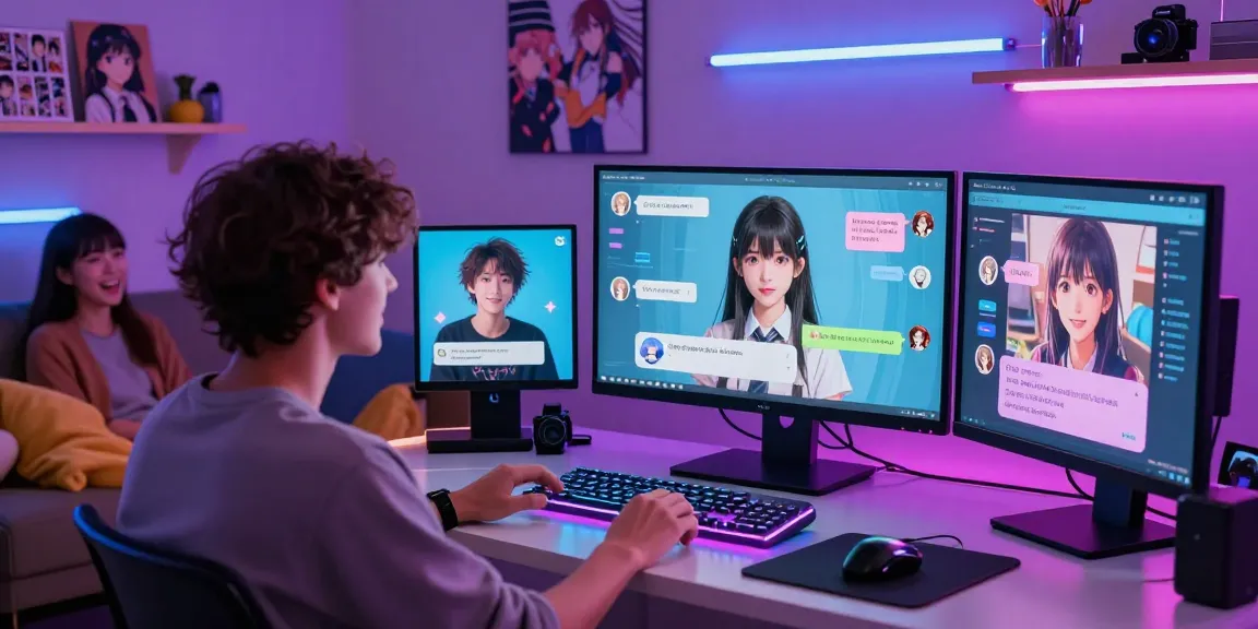 User engaging in hentai ai chat with dynamic AI chatbot interface in a vibrant, tech-savvy room.