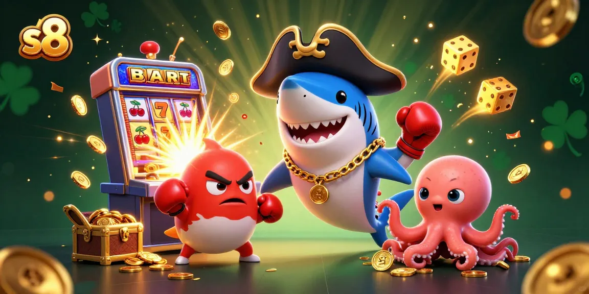 S8's exciting gaming experience featuring vibrant characters, slot machines, and joyous jackpots.