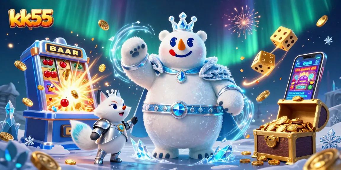 Spin the reels with kk55 featuring a dazzling ice king and a treasure-filled slot machine!