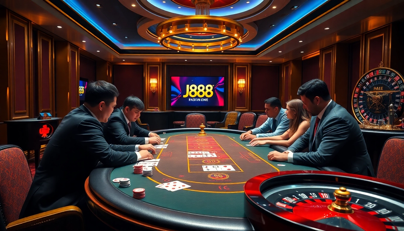 Players at the J88 casino enjoying an exciting poker game with colorful chips and cards.