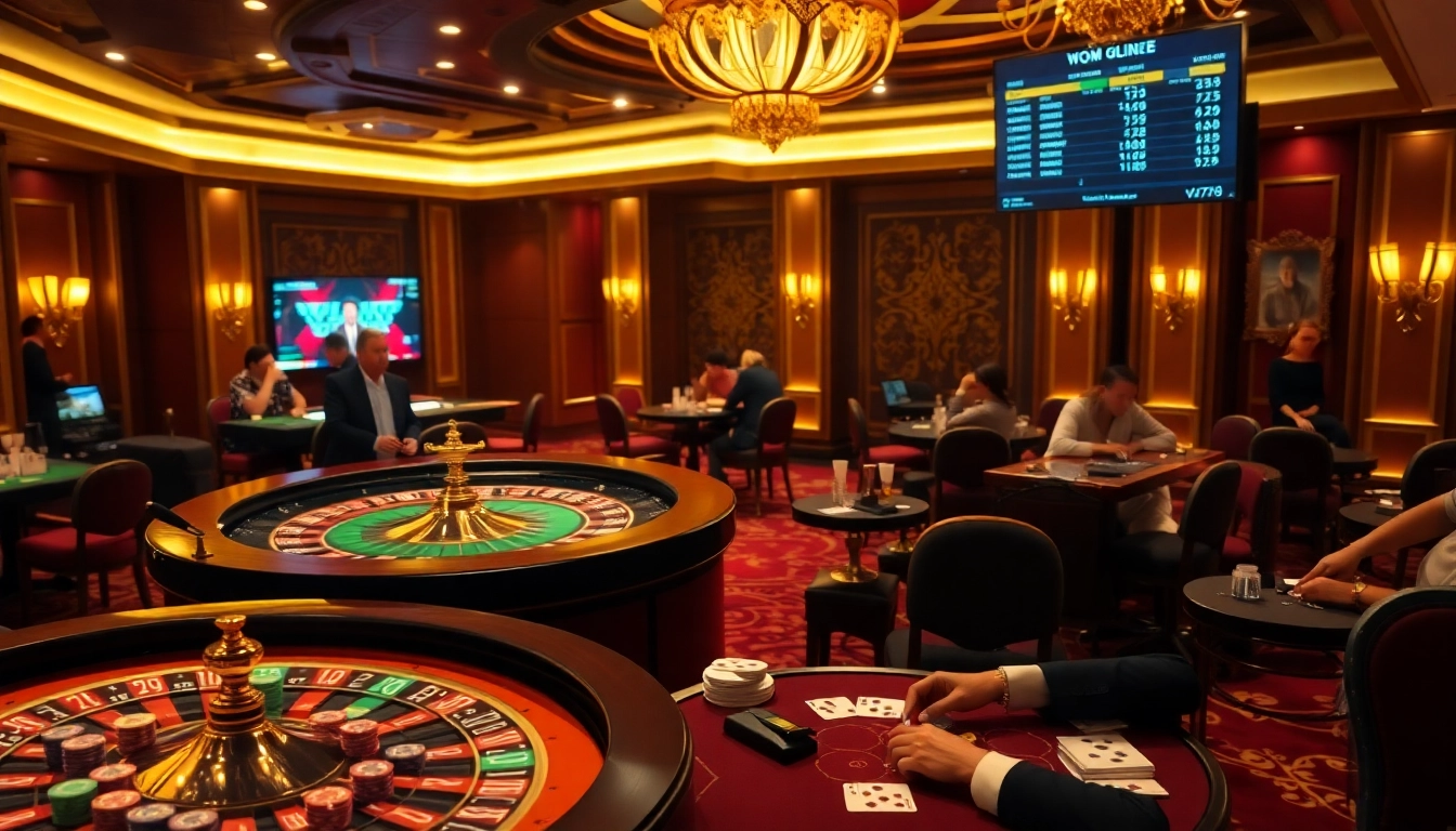 Join the excitement at https://vn789.xyz/ with players at a luxurious roulette table under inviting lights.