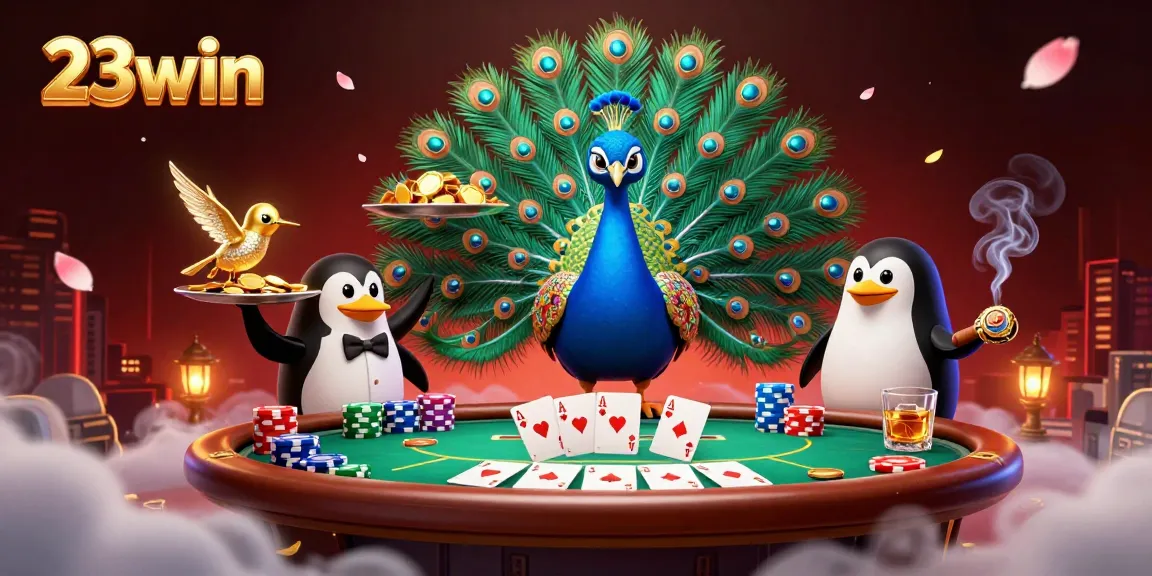 Experience the dynamic gambling scene at 23win with colorful chips and elegant characters engaged in a lively poker game.