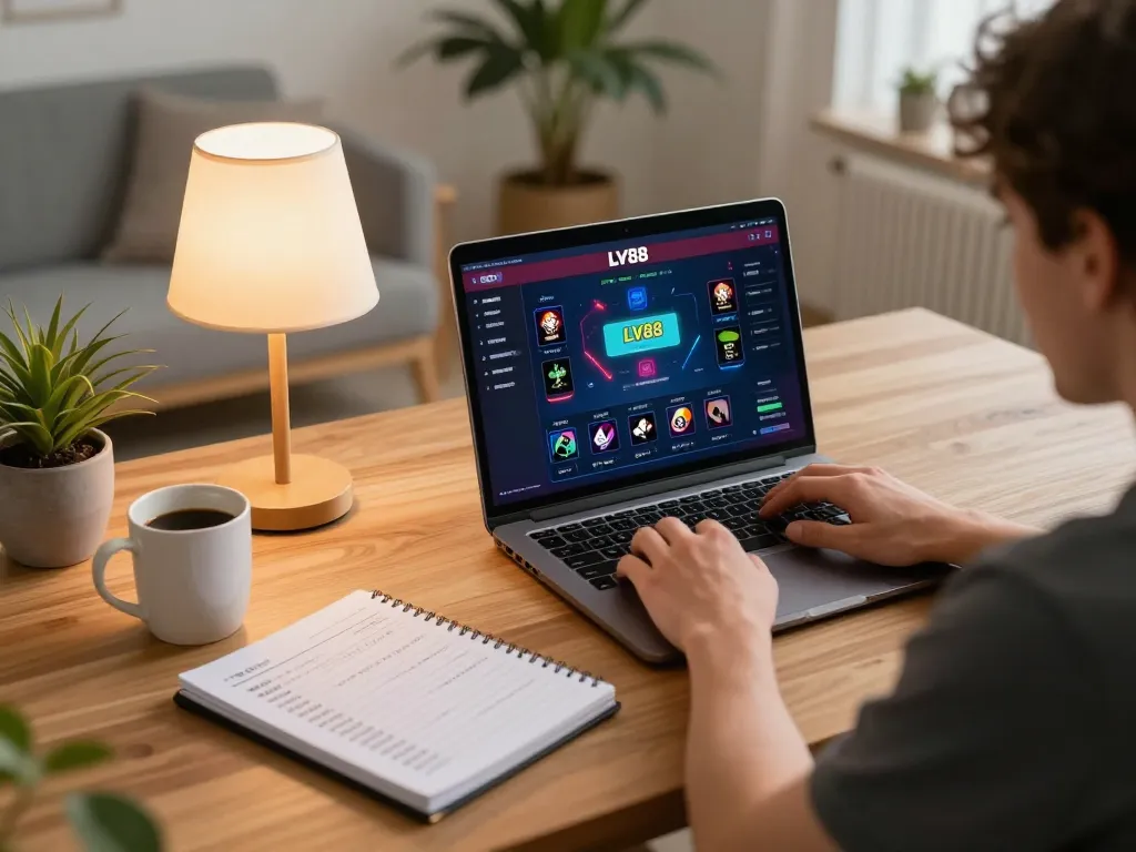 Player enjoying online casino games at home with LV88's vibrant interface