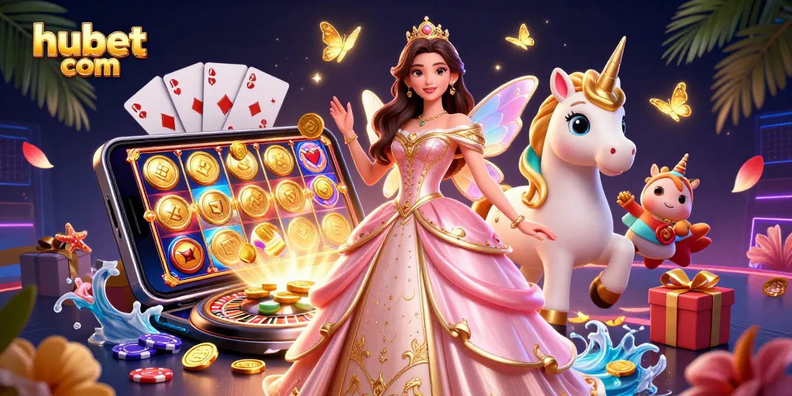 Win with hubet com in this vibrant casino scene featuring a glamorous woman and a golden unicorn.
