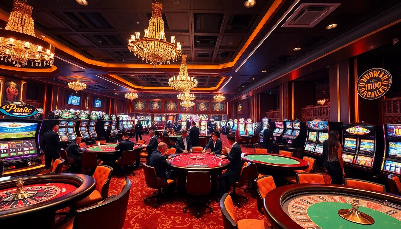 Dynamic casino scene featuring enthusiastic players at MMOO, showcasing luxury and excitement in gaming.