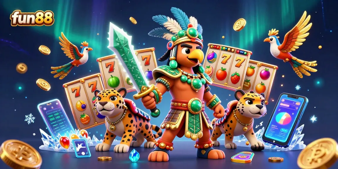 Join the fun88 betting action with vibrant Aztec characters amidst slot machines and crypto elements.