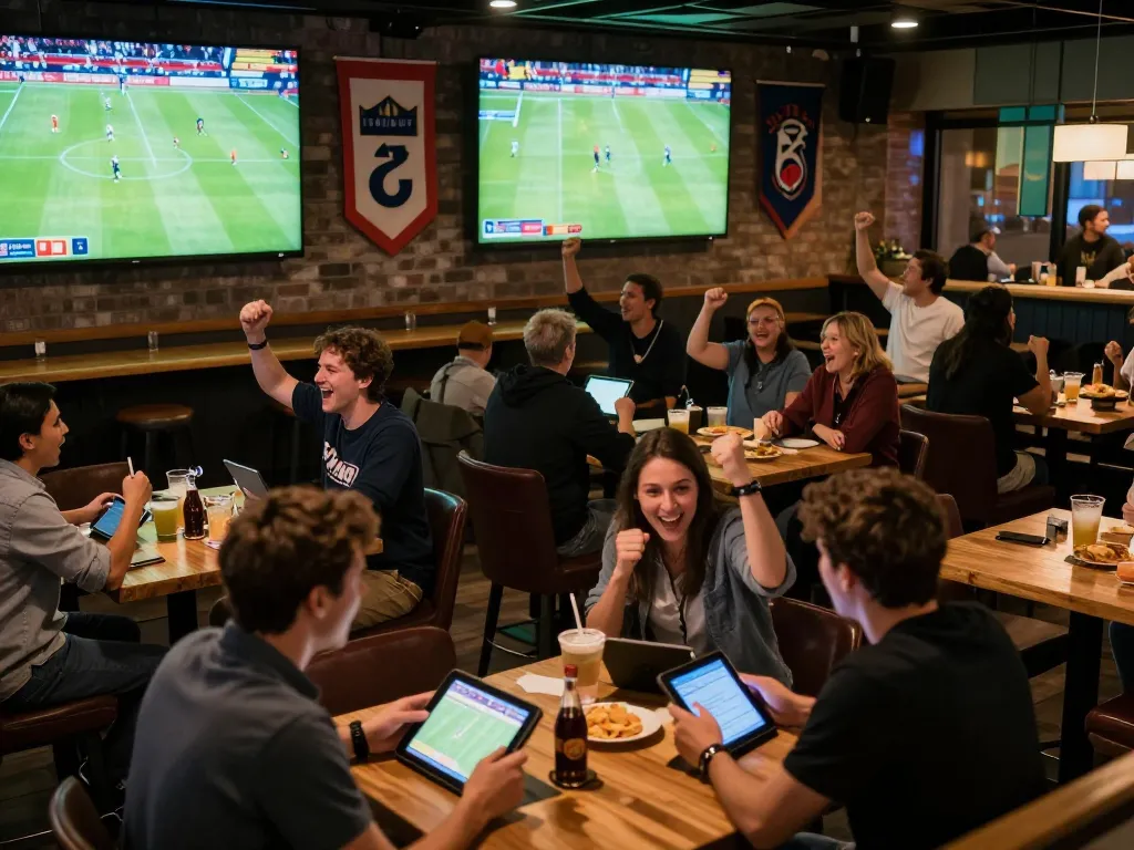 Socolive users passionately watching live football while engaging with betting apps in an energetic sports bar atmosphere