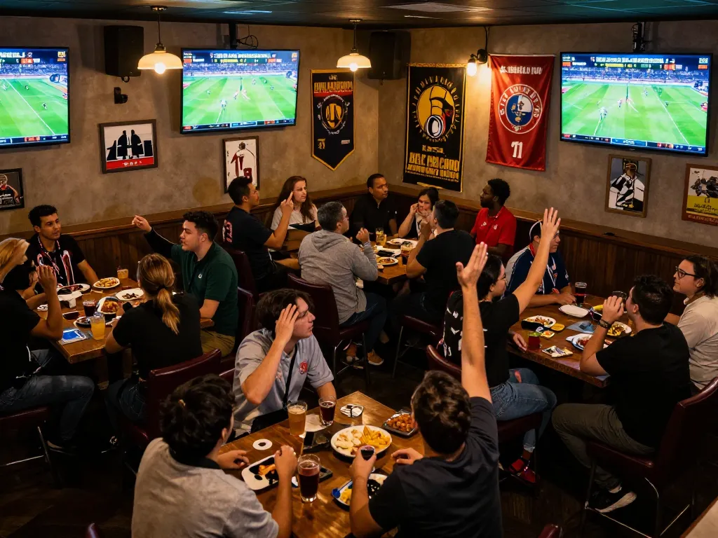Kèo nhà cái hôm nay displayed on multiple screens in a vibrant sports bar as patrons engage in betting excitement.
