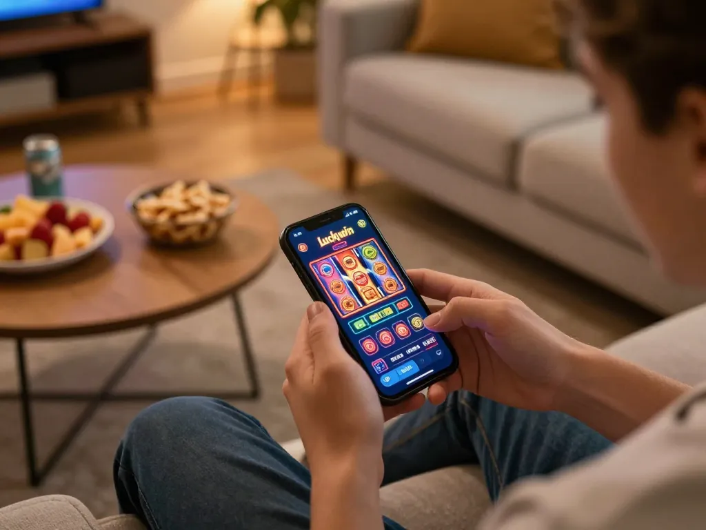 Engaging in gameplay on the Luckywin app while enjoying a cozy home environment.