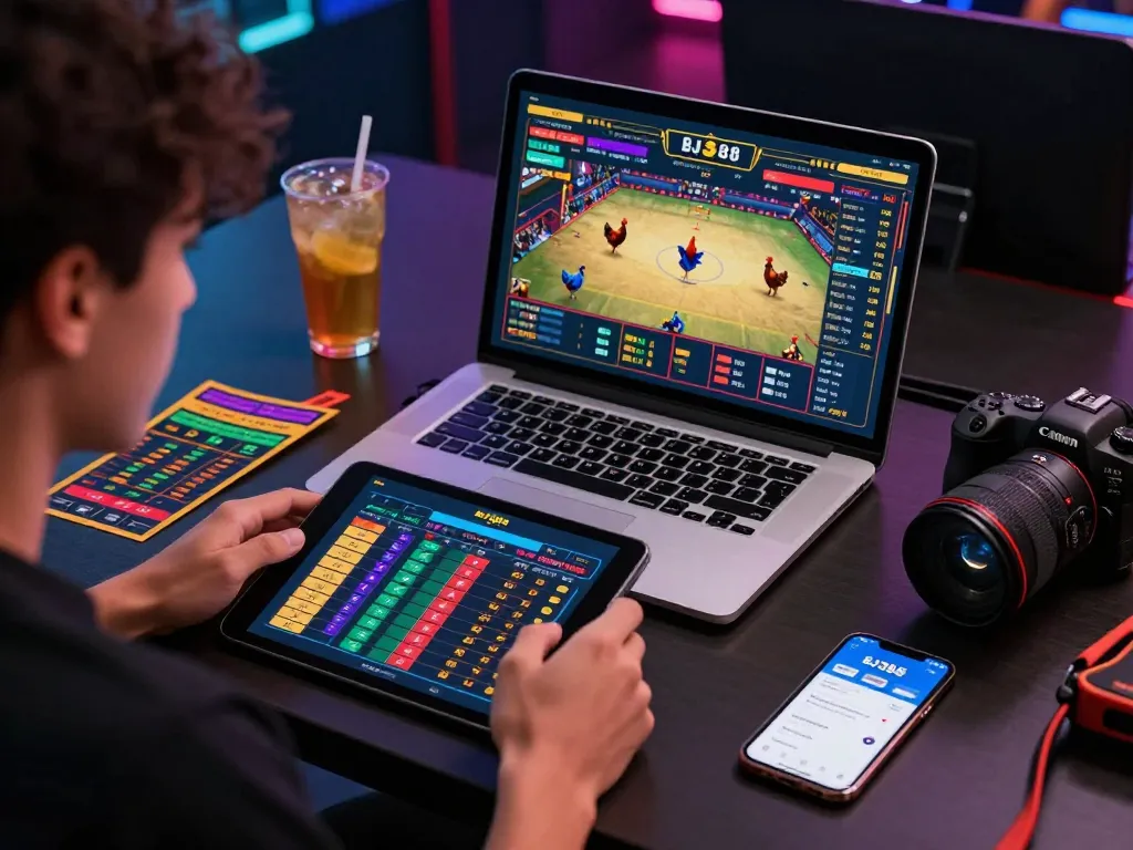 Engaging scene of online betting with BJ388's digital interface showcasing live chicken fighting matches.