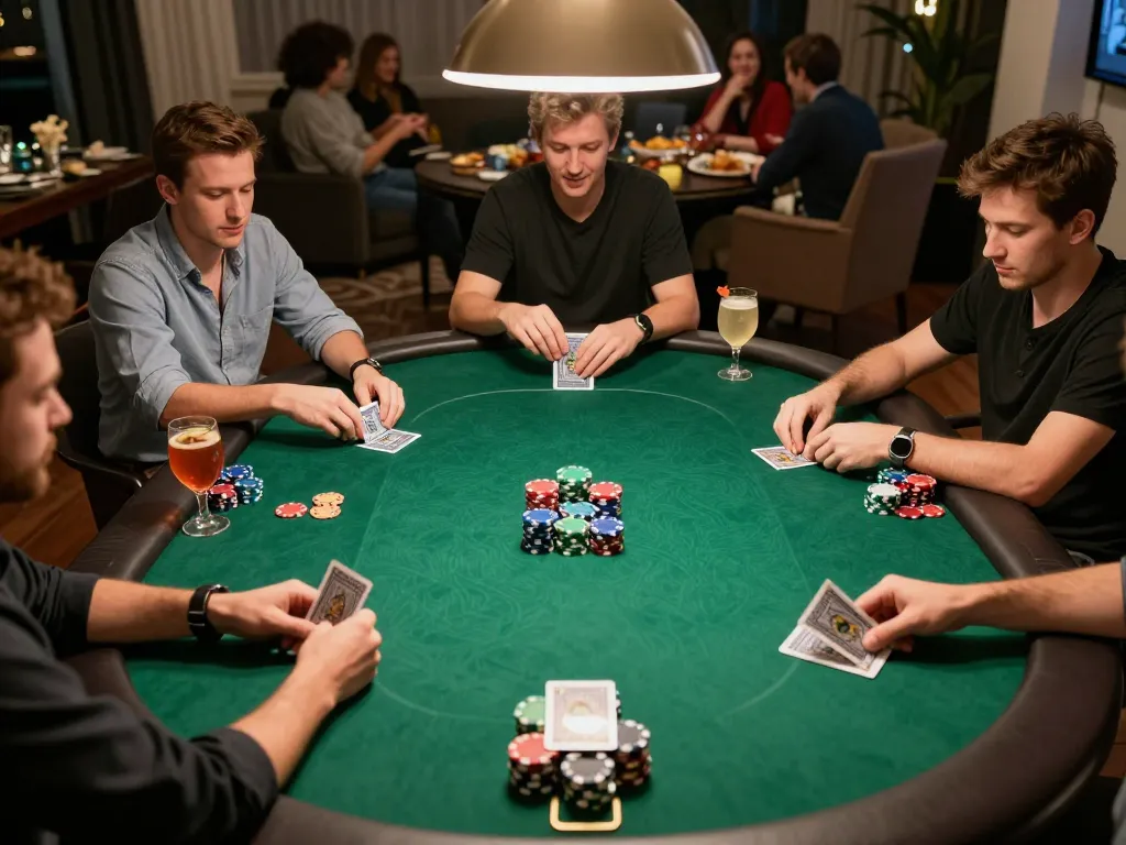 Engaged players at a poker night, strategizing their bets while enjoying the fun at luck8 college.