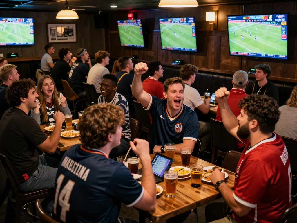 UU 88 sports bettors celebrating wins and discussing strategies at a lively bar event