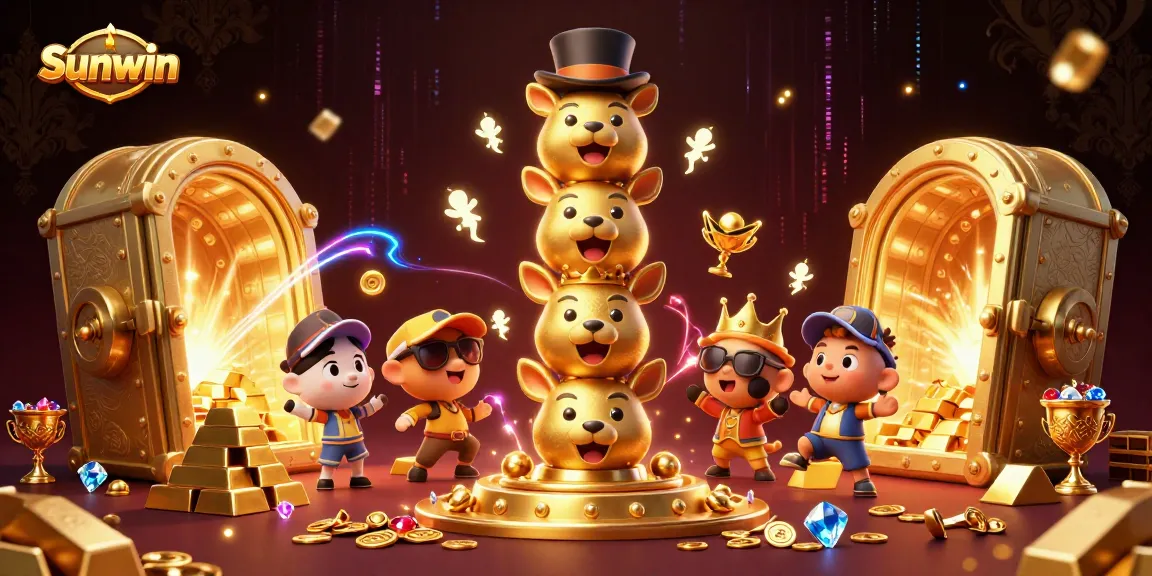 Experience excitement at Sunwin with a dynamic 3D totem and golden treasures in a lively casino setting.
