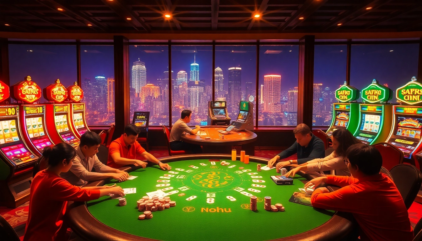 Nohu casino scene showcasing a luxurious poker table and vibrant slot machines.