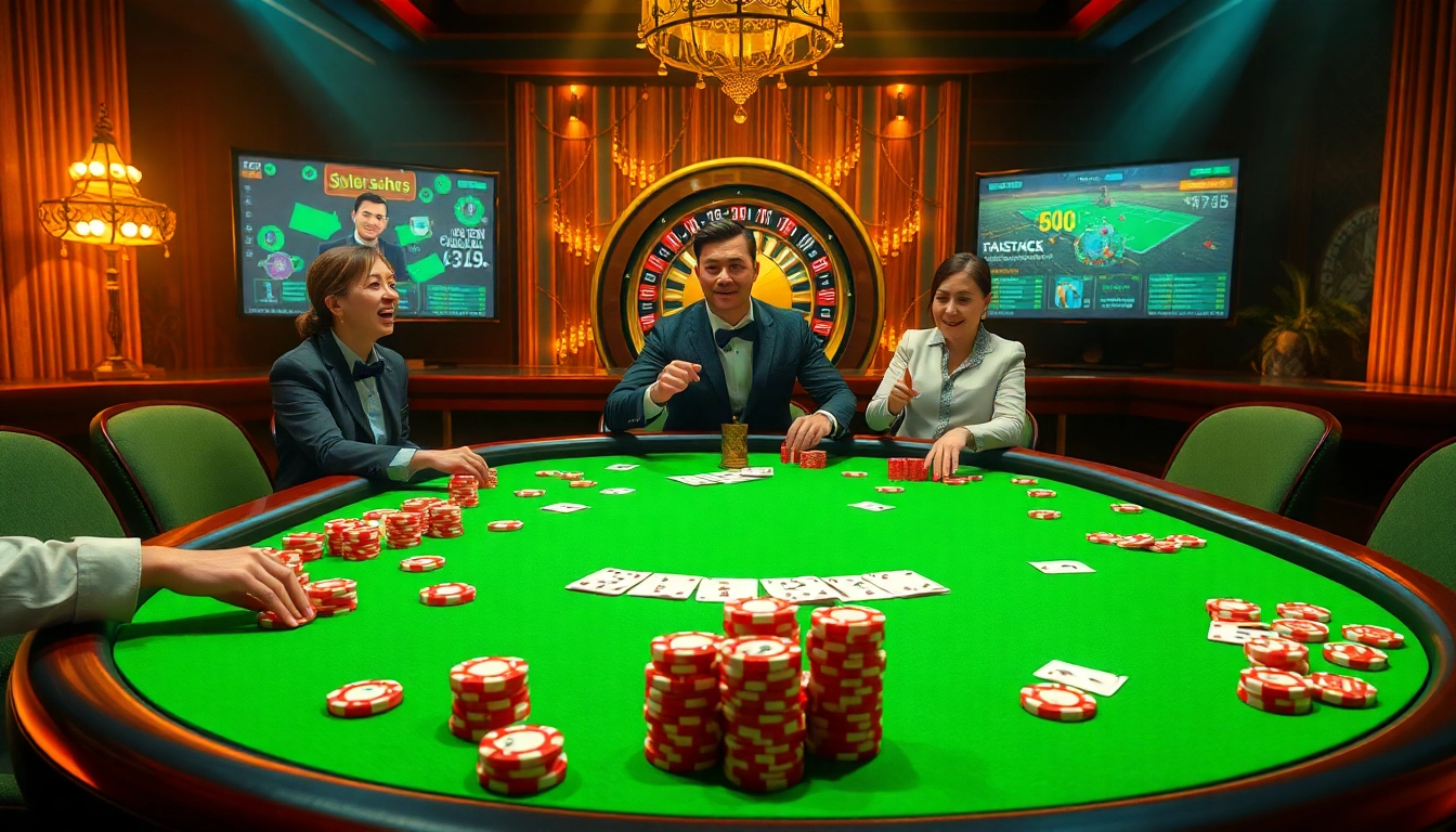 Players enjoy engaging games on the 33win online gambling platform, surrounded by vibrant casino elements.