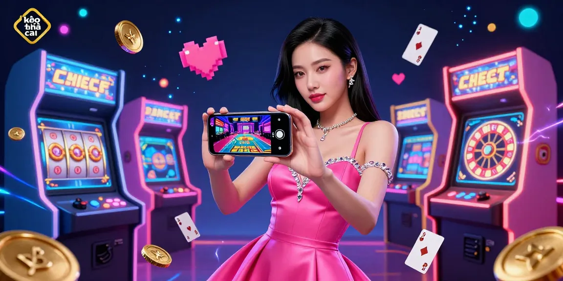 Engage with kèo nhà cái 5 through a stunning scene of vibrant casino games and a confident player interacting live.