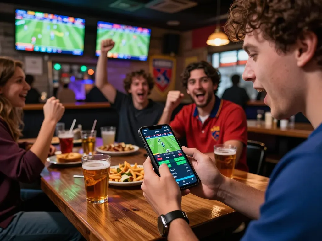 Kèo Nhà Cái betting enthusiast placing wagers on a mobile app during live sports event at a lively sports bar
