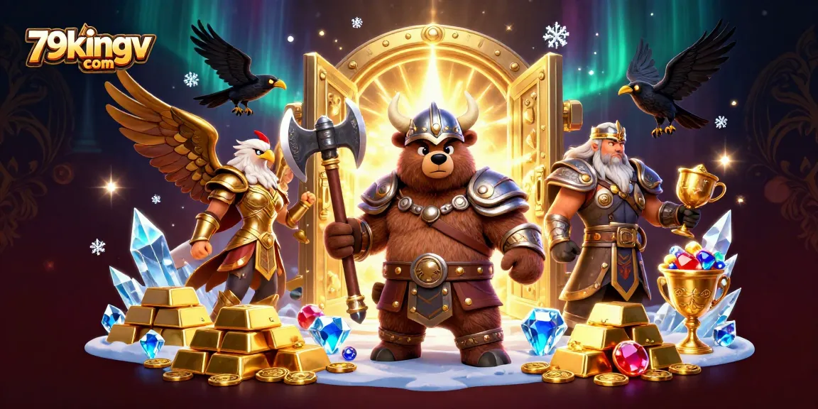 Join the adventure at 79kingv com featuring Viking and eagle guardians amid treasure and casino elements.