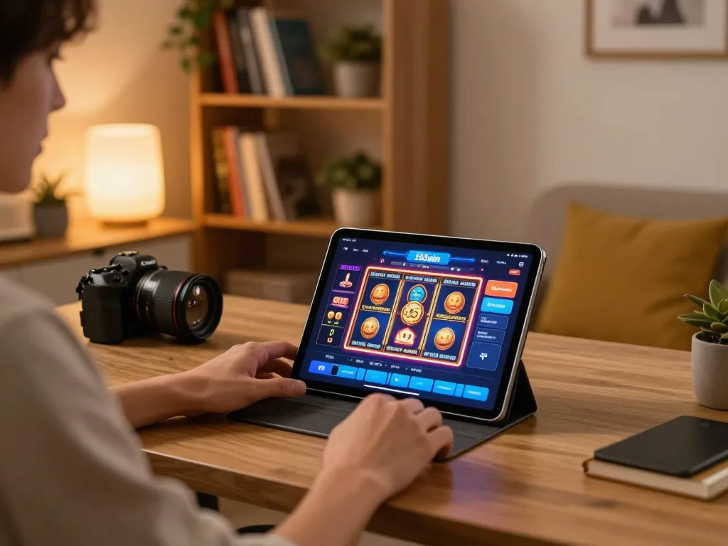 Player enjoying engaging 555win online gaming experience on tablet, showcasing vibrant slot graphics and cozy atmosphere.