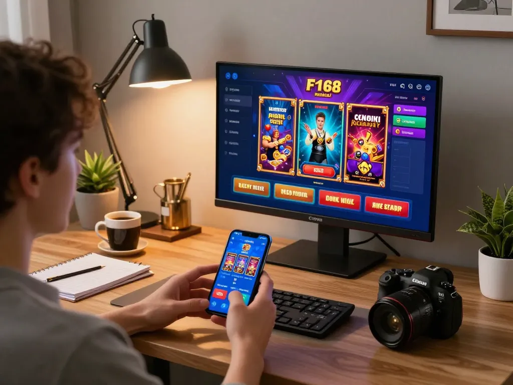 Engaging user interacts with F168 app for online casino gaming at home, showcasing a strategic gambling experience.