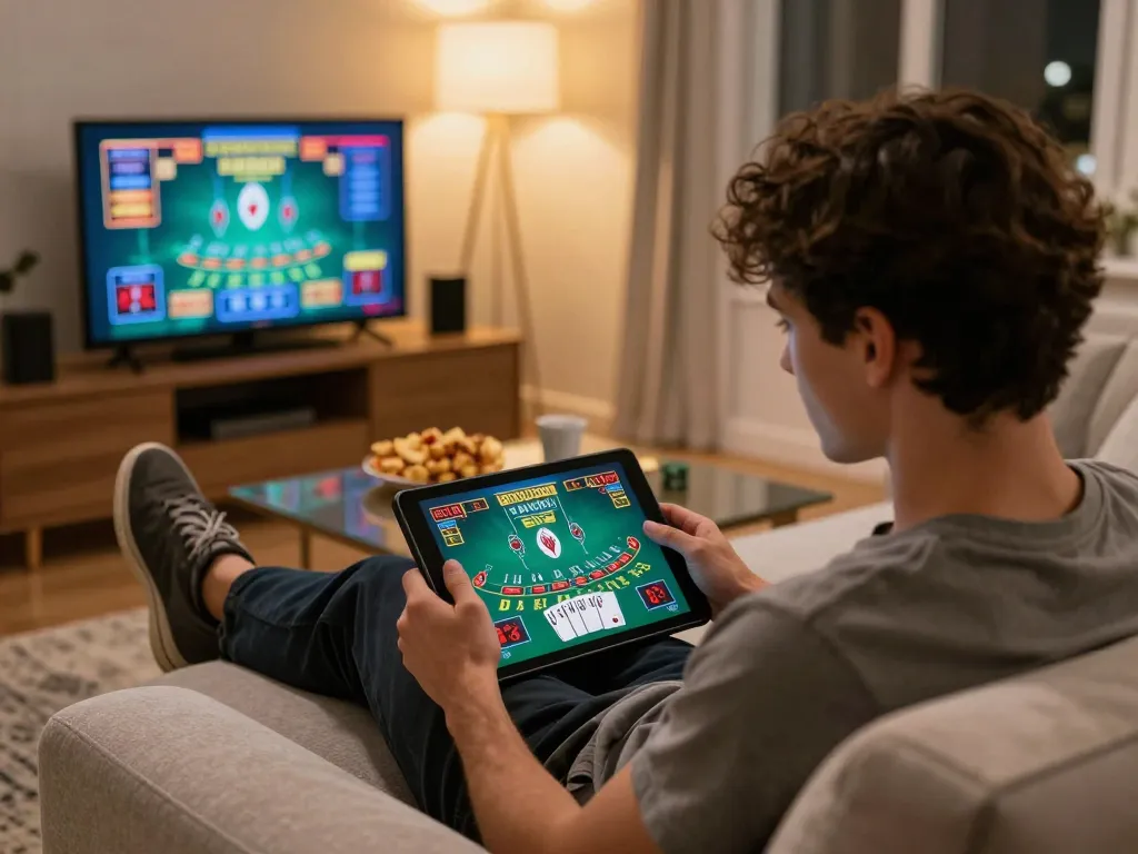 Engaging in online casino excitement with VK88 uy tín, enjoying a live blackjack game on a tablet.