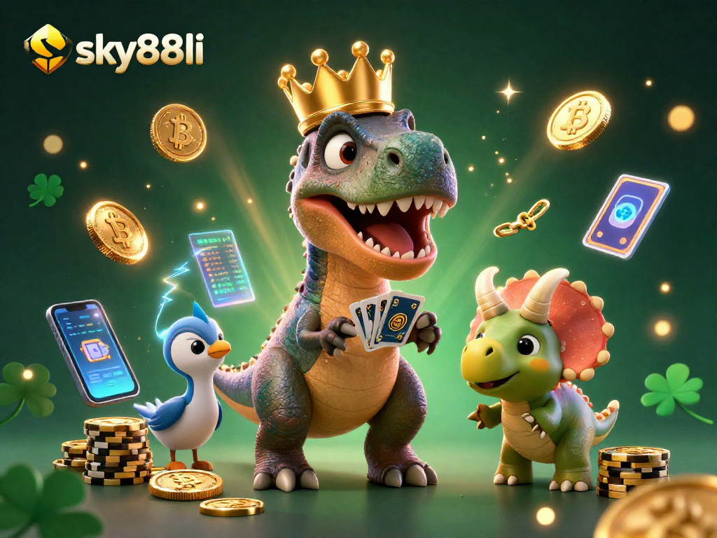 Engage with sky88li in a fun 3D casino scene featuring a T-Rex shuffling cards and a pterodactyl holding them.
